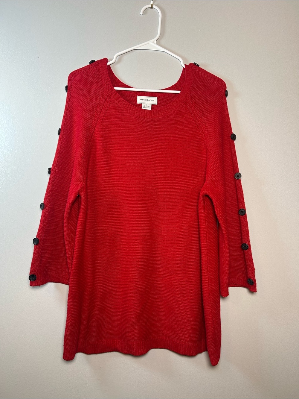 Liz Claiborne Women’s Red Knit Pullover Tunic Sweater Crew Neck Sz M Buttons
